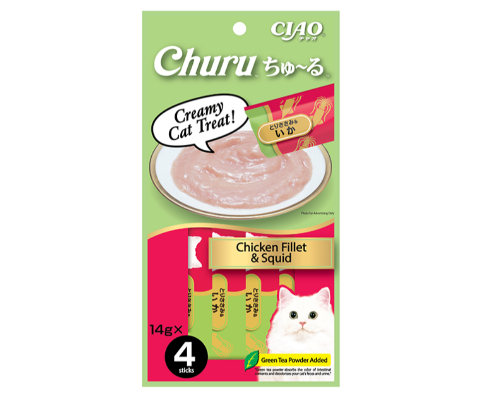 Ciao Churu Cat Treats – Chicken Fillet and Squid 14g x 4 Front of Pack