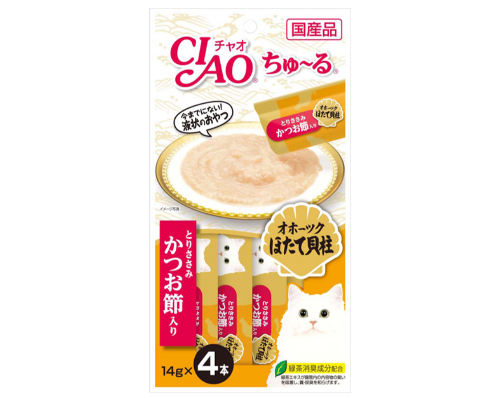 Ciao Churu Cat Treats – Chicken Fillet with Scallop and Sliced Bonito 14g x 4 Front of Pack