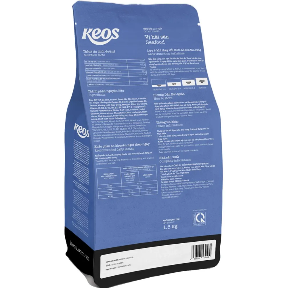 Keos Cat All Stages – Seafood (High-Protein, Omega 3 & 6, Taurine) back of packaging