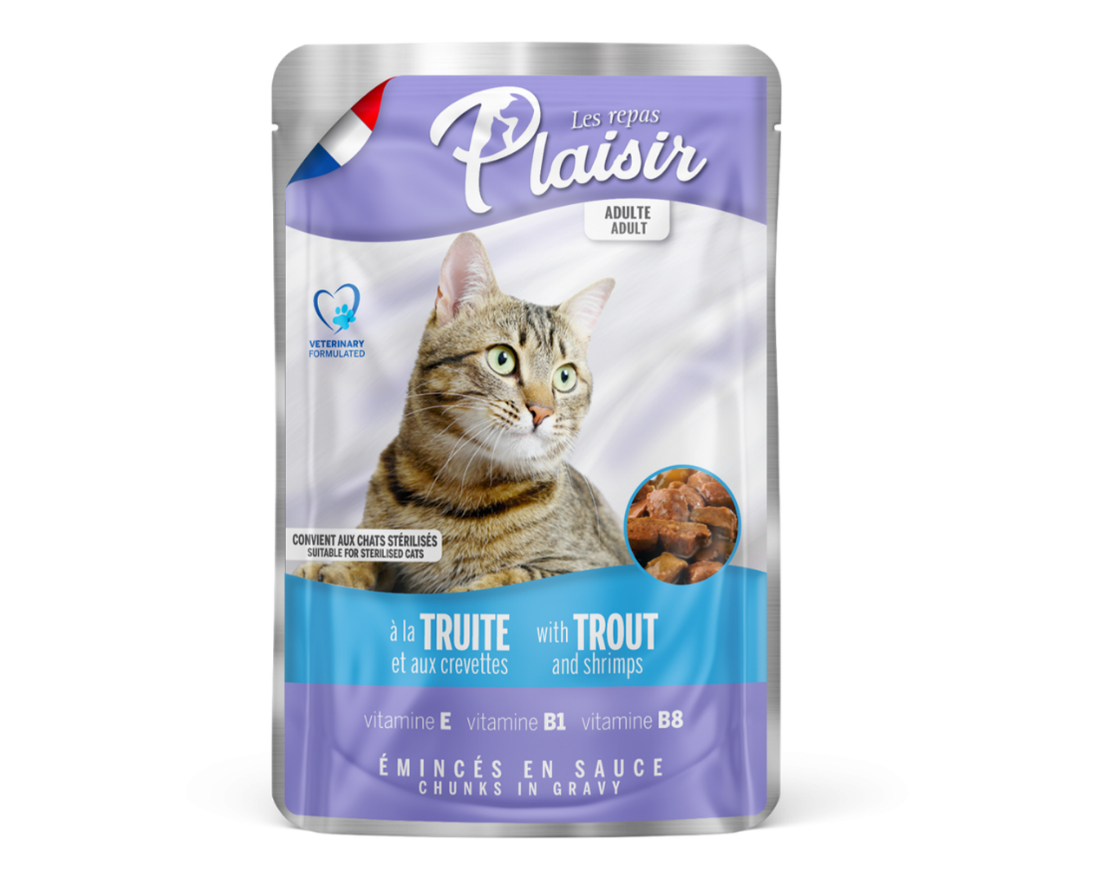 Plaisir Chunks in Gravy with Trout & Shrimps 100g Front of Pack