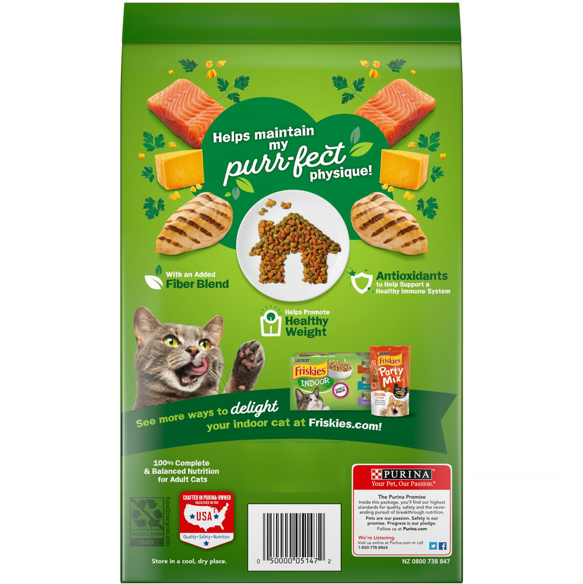 Purina Friskies Indoor Delights Dry Cat Food – Salmon, Chicken & Veggies 1kg Back of the Bag