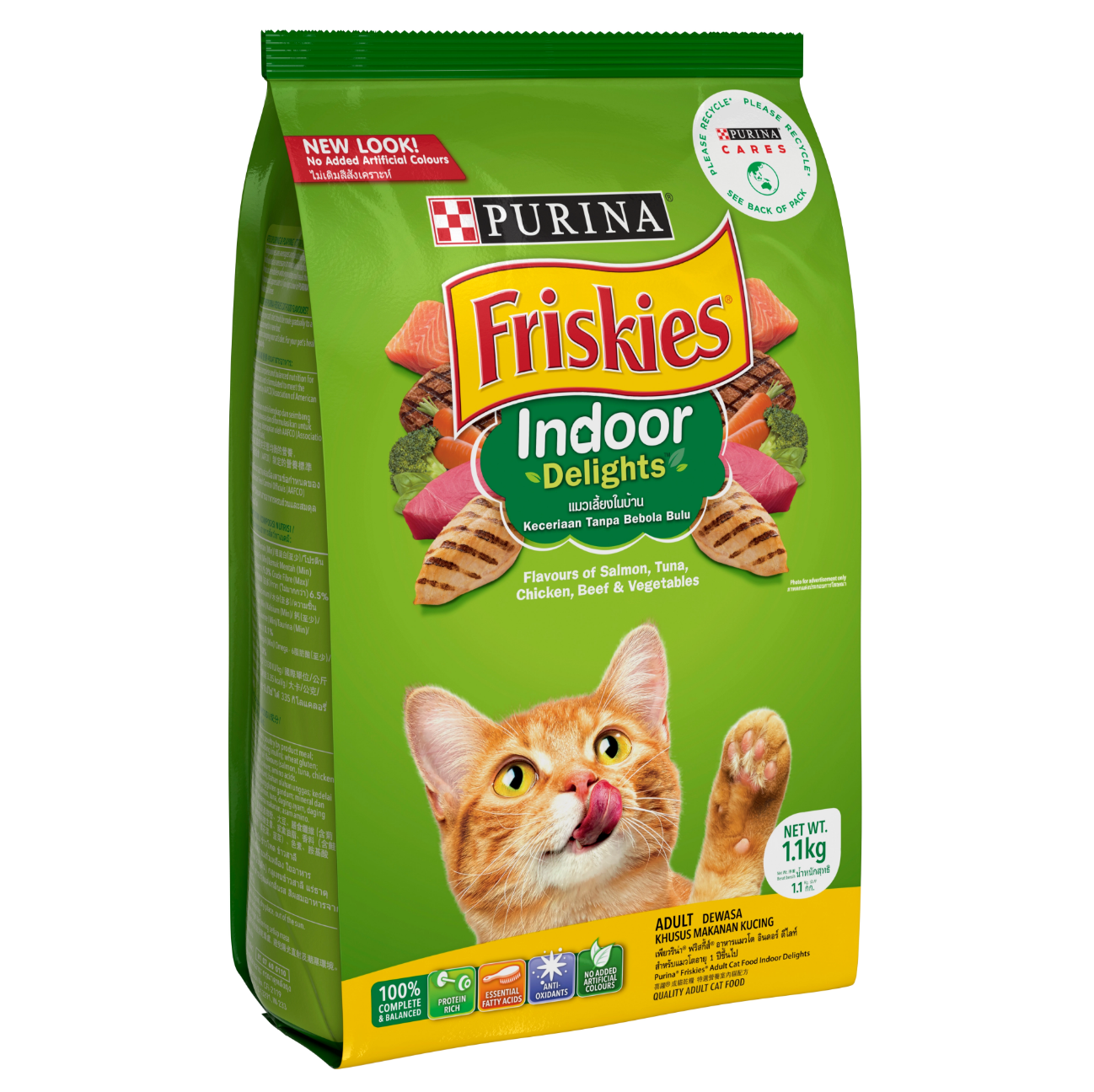 Purina Friskies Indoor Delights Dry Cat Food – Salmon, Chicken & Veggies 1kg Front and Side