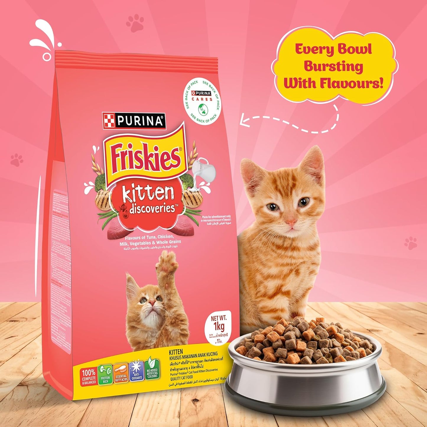 Purina Kitten Discoveries Dry Cat Food side of bag with cat