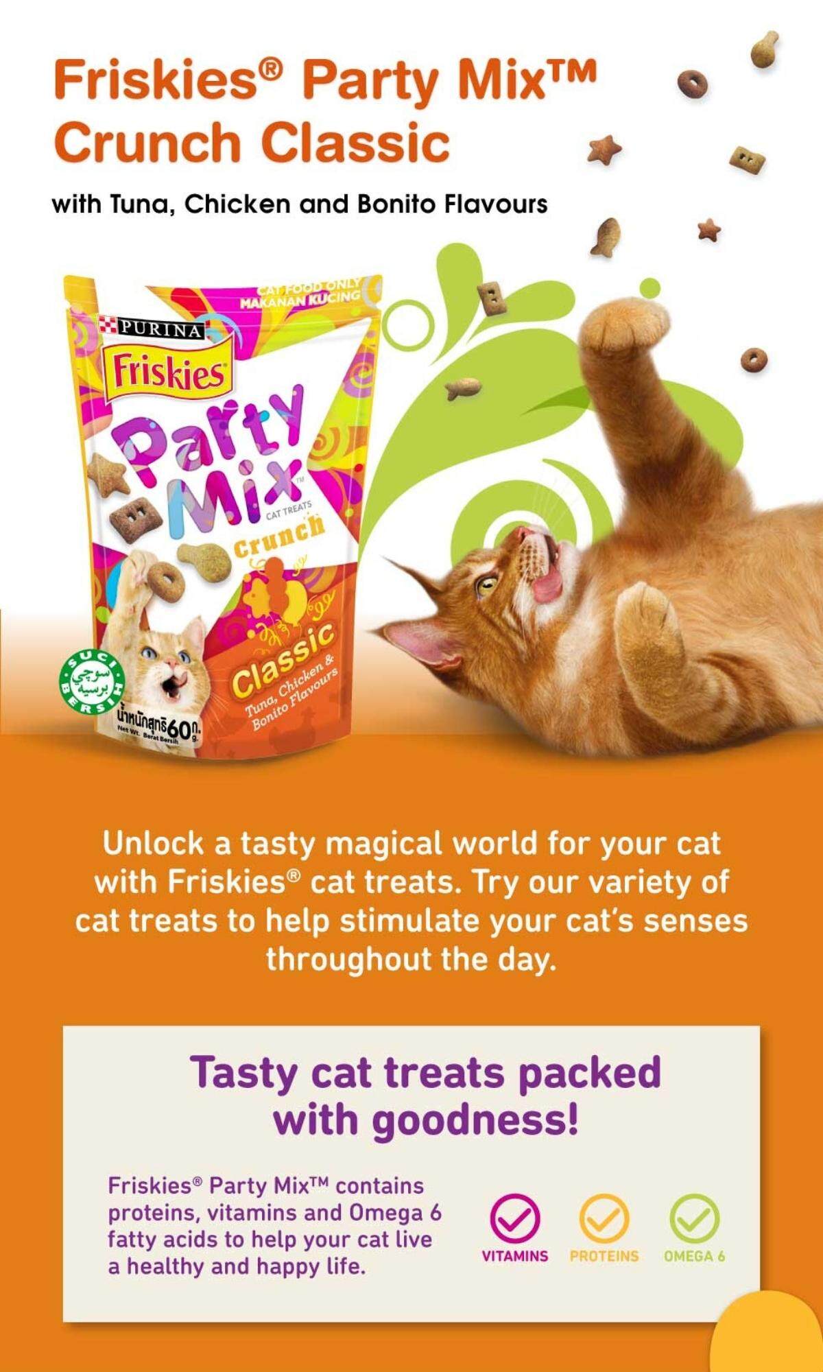 Purina Friskies Party Mix Classic Crunch Cat Treats Cat Playing with Pack