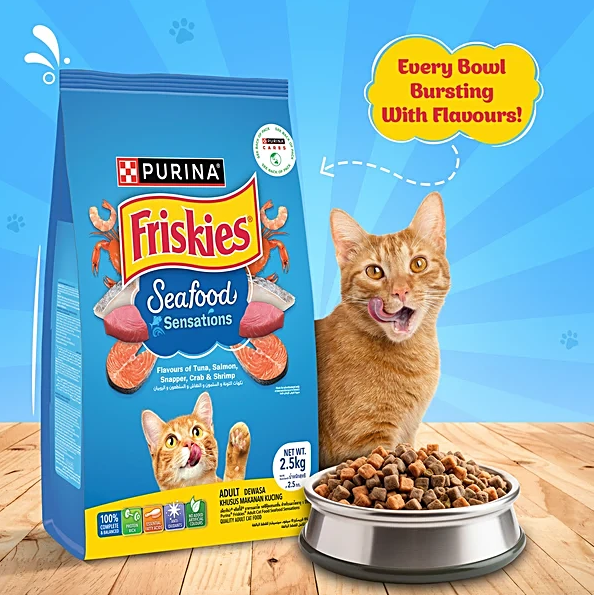 Purina Friskies Seafood Sensations Dry Cat Food Side of Bag with Cat