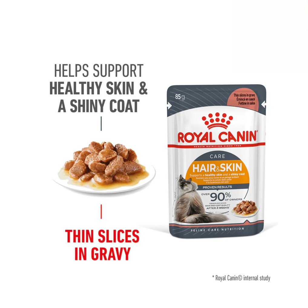 Royal Canin Hair & Skin Care Wet Cat Food 85g Plate Filled With Food