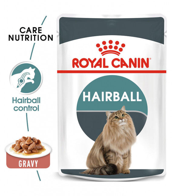 Royal Canin Hairball Wet Cat Food 85g Front of Bag with Health Benefits