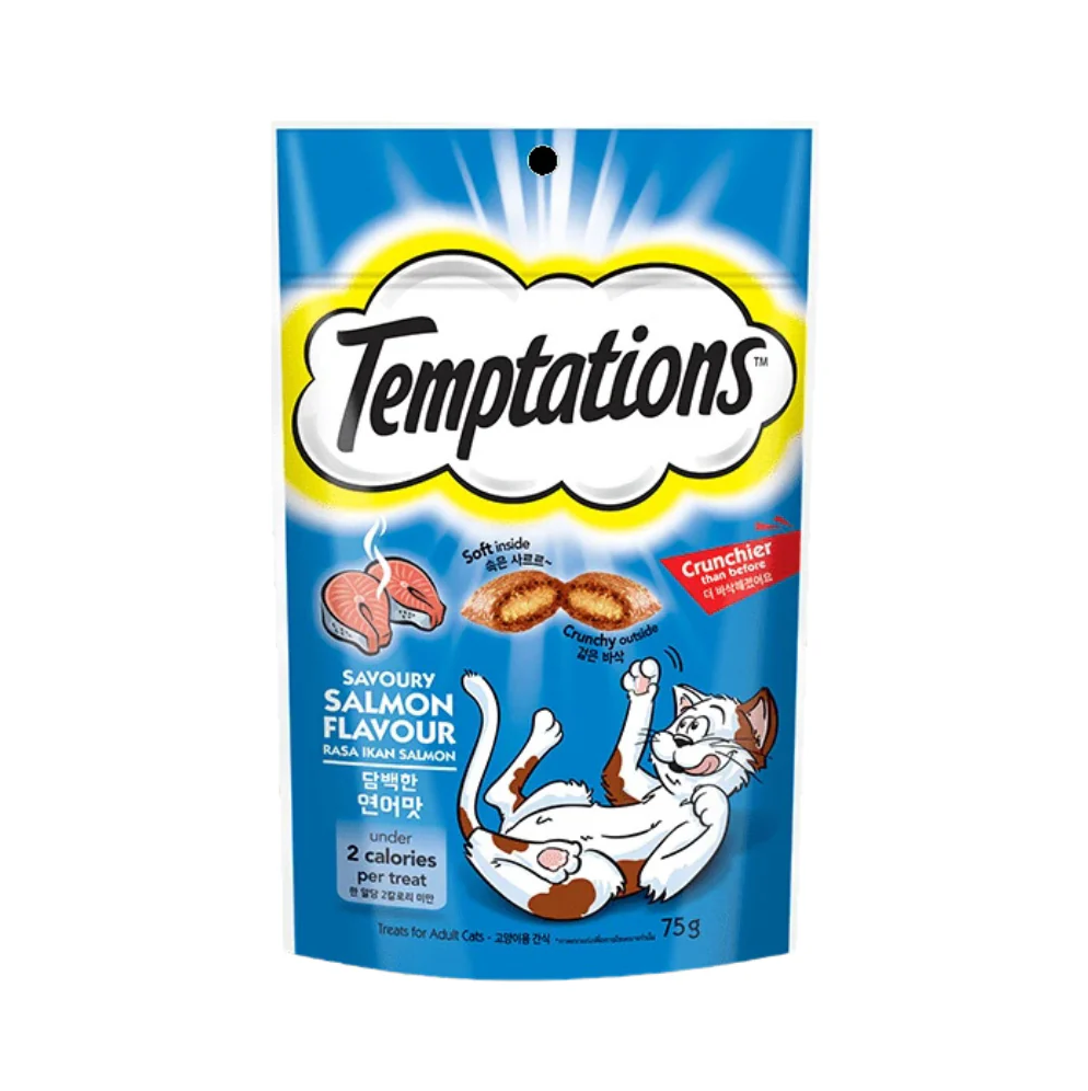Temptations Savoury Salmon Cat Treats 75g Front of Bag
