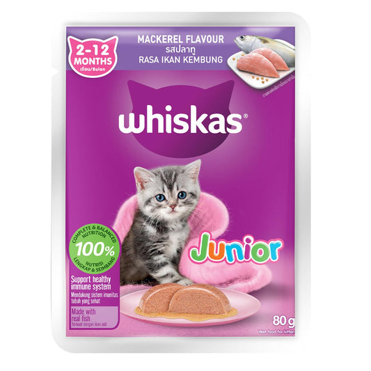 Whiskas Junior Wet Kitten Food – Mackerel Flavor in Jelly 80g Front of Packaging