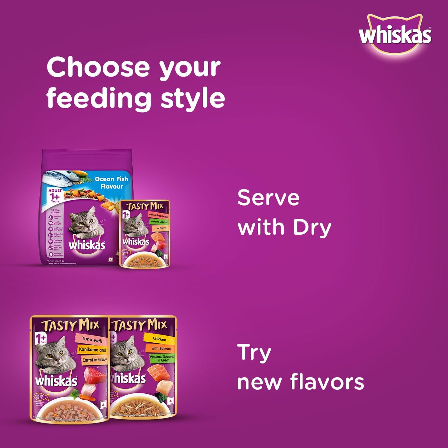 Whiskas Tasty Mix Seafood Cocktail Wet Cat Food 70g Feeding Styles