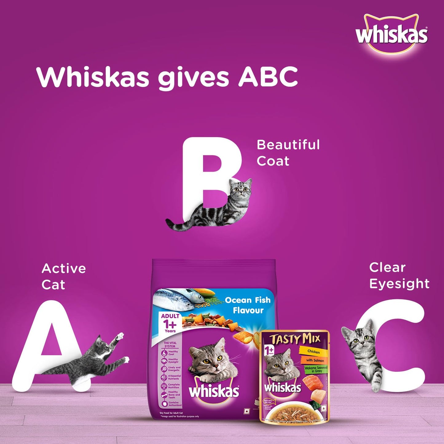 Whiskas Tasty Mix Chicken with Salmon & Wakame in Gravy 70g (Healthy Wet Cat Food)