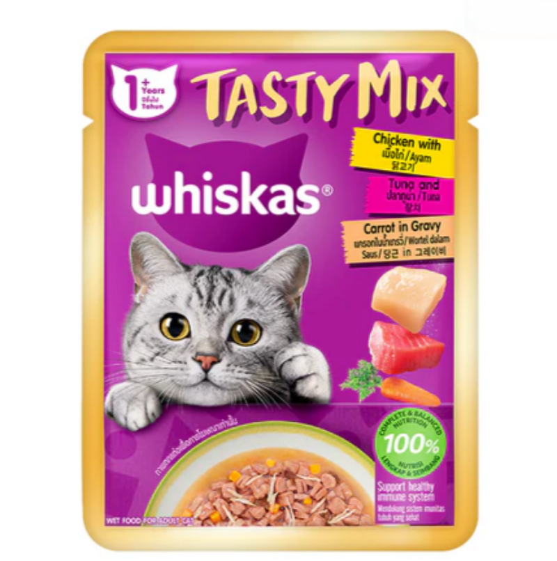 Whiskas Tasty Mix Chicken with Tuna & Carrot in Gravy 70g Front of Pack