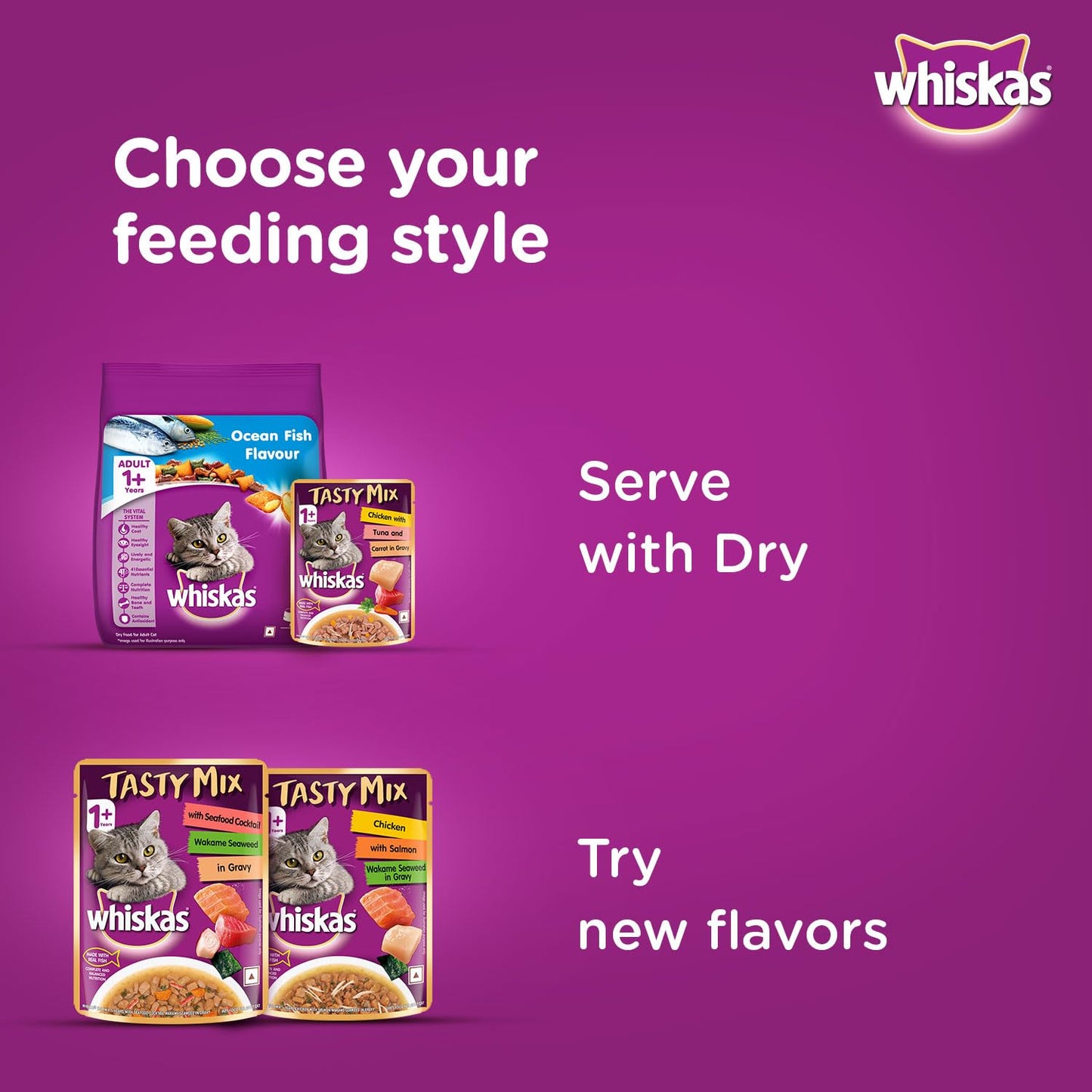 Whiskas Tasty Mix Chicken with Tuna & Carrot in Gravy 70g Feeding Styles