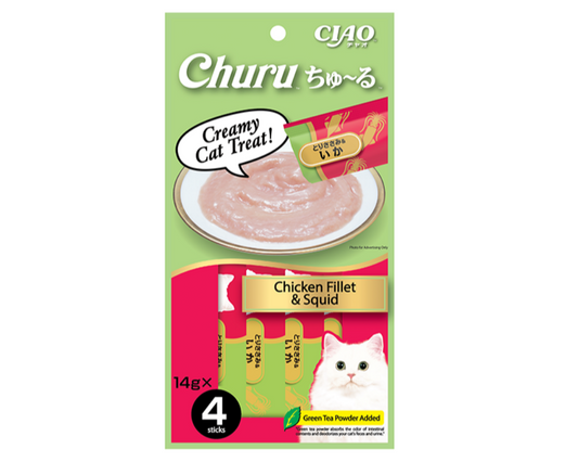 Ciao Churu Cat Treats – Chicken Fillet and Squid 14g x 4 Front of Pack