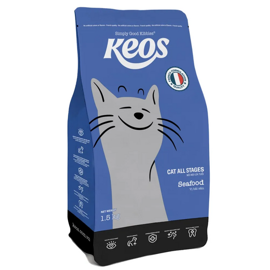 Keos Cat All Stages – Seafood (High-Protein, Omega 3 & 6, Taurine) front of packaging