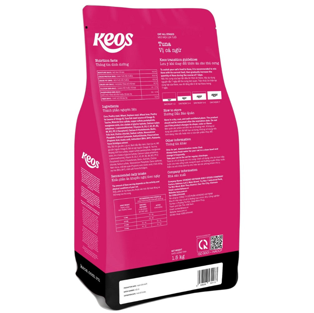 Keos Cat All Stages – Tuna (High-Protein, Omega 3 & 6, Taurine) Back of Bag