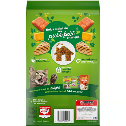 Purina Friskies Indoor Delights Dry Cat Food – Salmon, Chicken & Veggies 1kg Back of the Bag