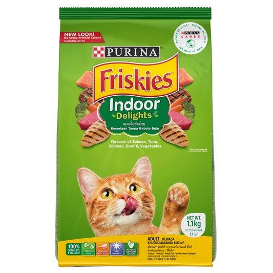 Purina Friskies Indoor Delights Dry Cat Food – Salmon, Chicken & Veggies 1kg bag