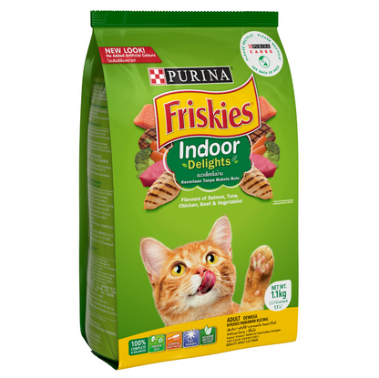 Purina Friskies Indoor Delights Dry Cat Food – Salmon, Chicken & Veggies 1kg Front and Side