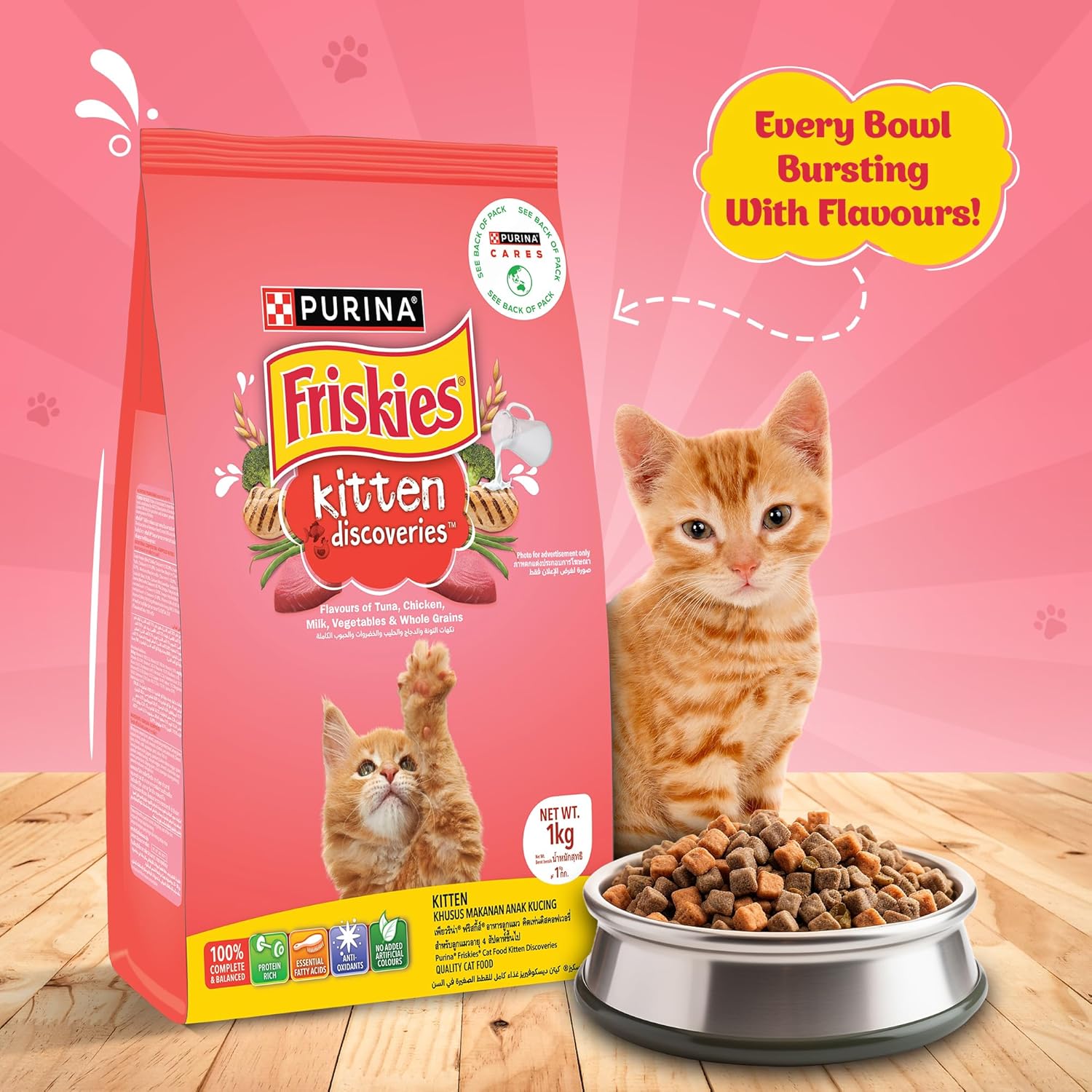 Purina Kitten Discoveries Dry Cat Food side of bag with cat