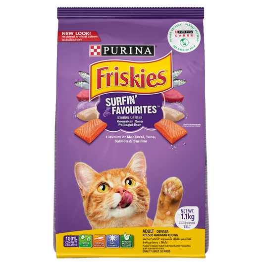 Purina Friskies Surfin’ Favorites Dry Cat Food Front of Bag