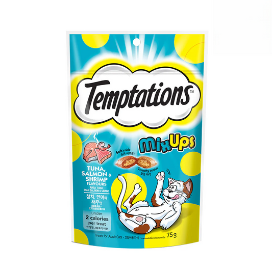 Temptations MixUps Tuna, Salmon, and Shrimp Cat Treats 75g Front of Bag