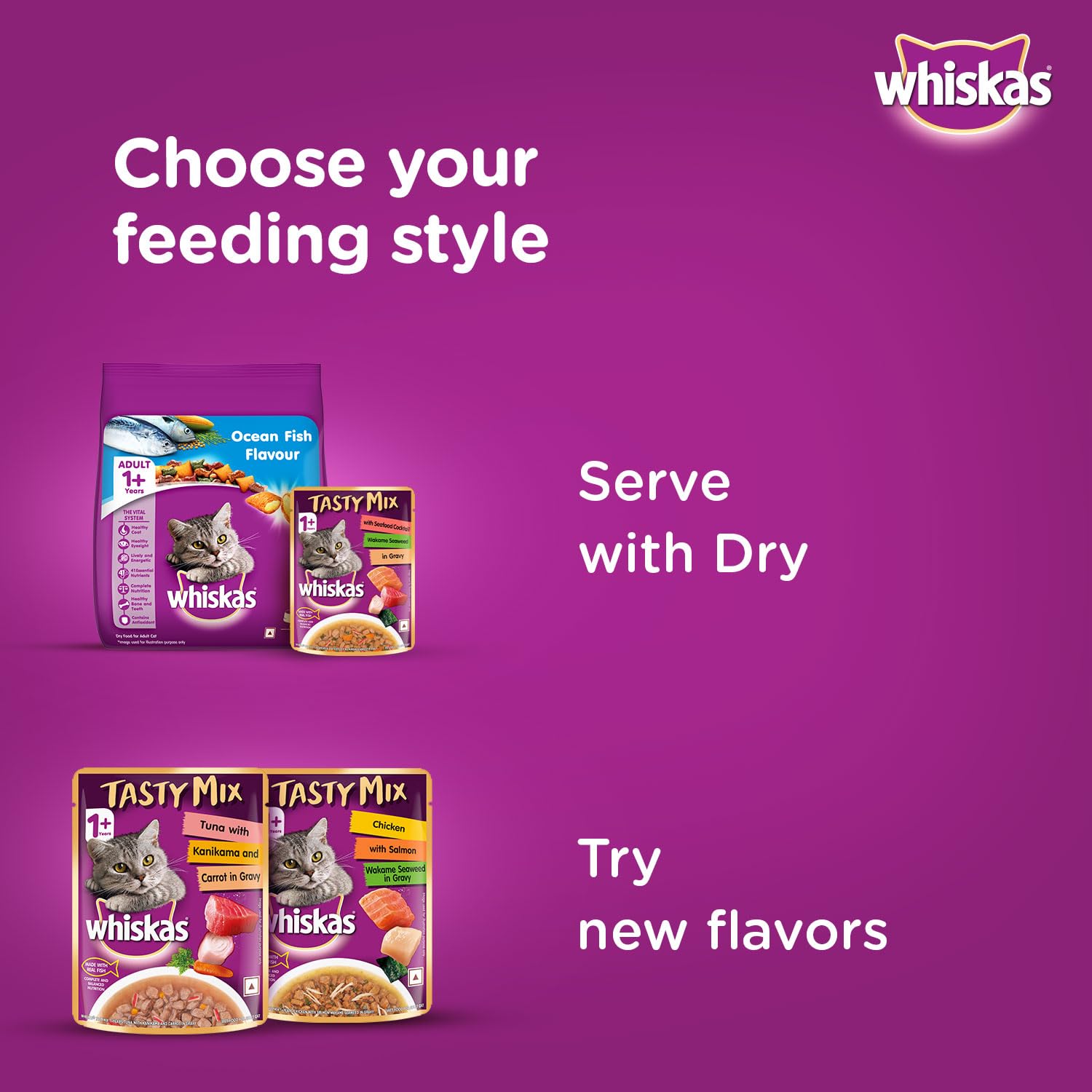 Whiskas Tasty Mix Seafood Cocktail Wet Cat Food 70g Feeding Styles