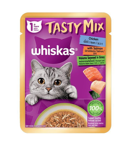 Whiskas tasty Mix Chicken with Salmon and Wakame in Gravy Wet Cat Food Front of Pack