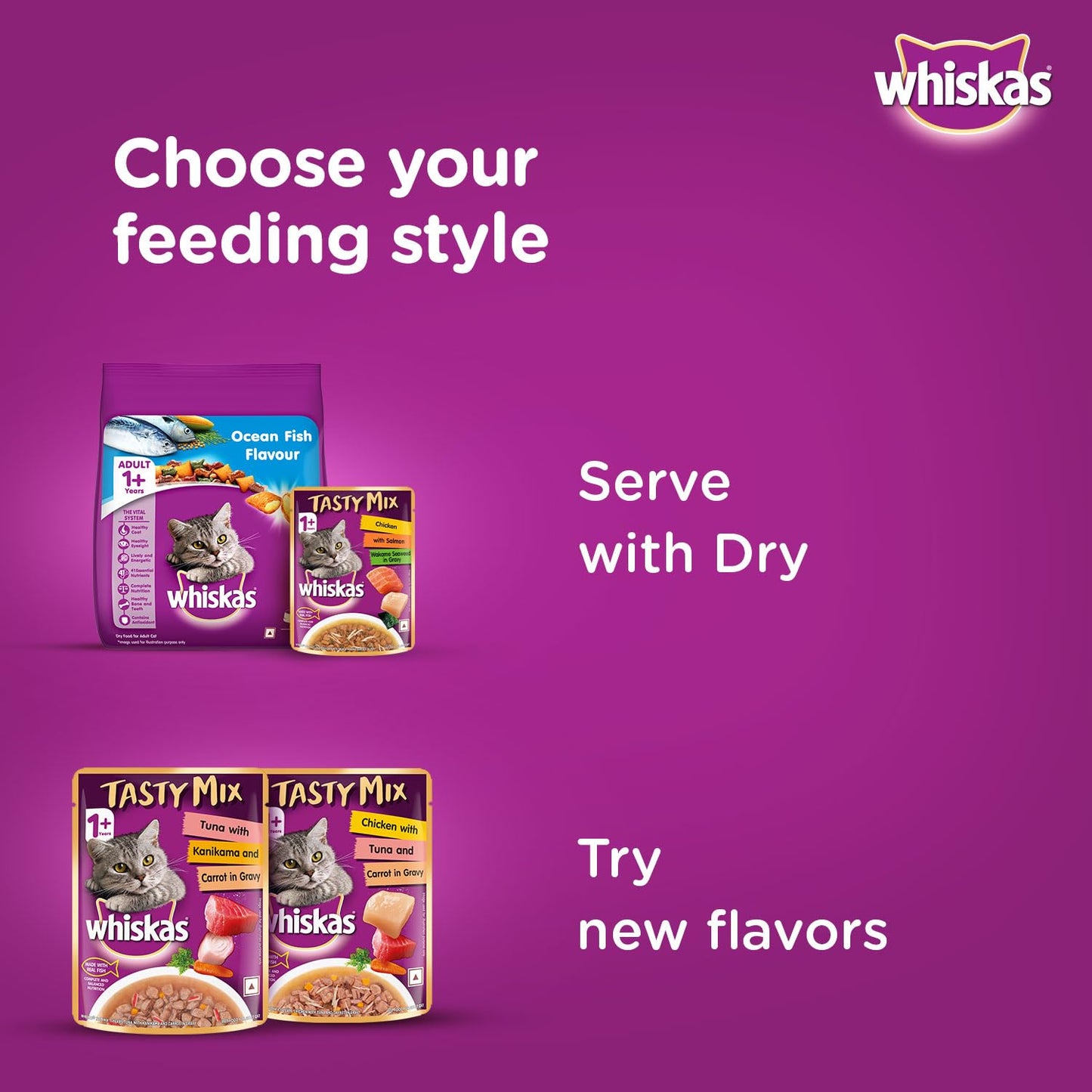 Whiskas Tasty Mix Chicken with Salmon & Wakame in Gravy 70g (Healthy Wet Cat Food)