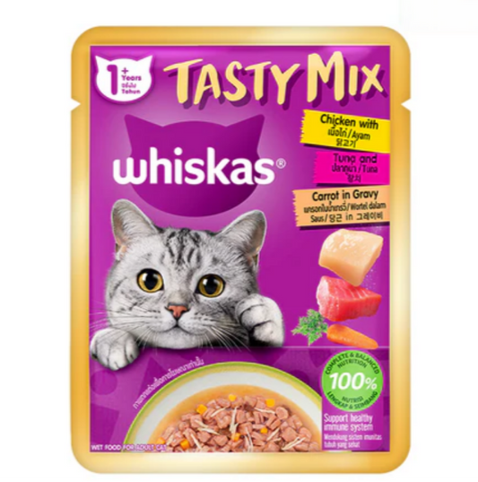 Whiskas Tasty Mix Chicken with Tuna & Carrot in Gravy 70g Front of Pack
